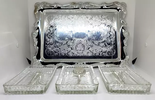 Vintage Oneida Rogers 7 Pc Serving Tray Glass Inserts Silver Plate Spoon Forks