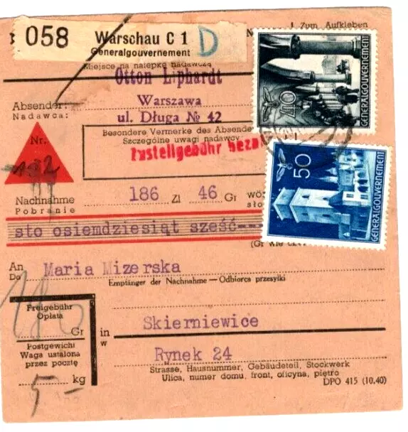DR/GG NN-Paketkarte WARSCHAU - SKIERNIEWICE  m. 47+48++51 , 20 - 7 - 41