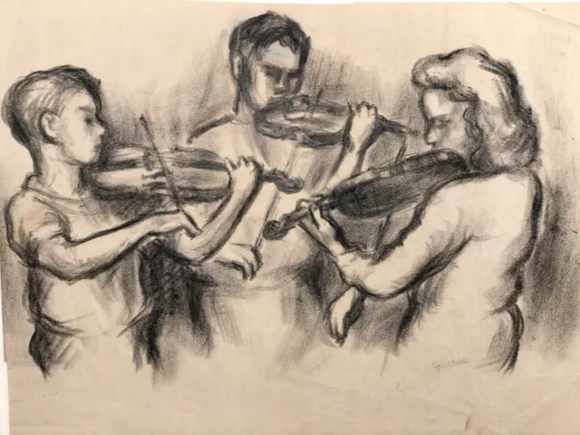 Three Young Violinists Charcoal DrawingS-1920s/30s-Bernard Gussow 2