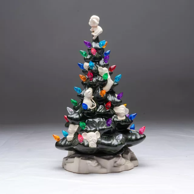 Ceramic Christmas Tree with Bisque Mice 12" Vintage 3