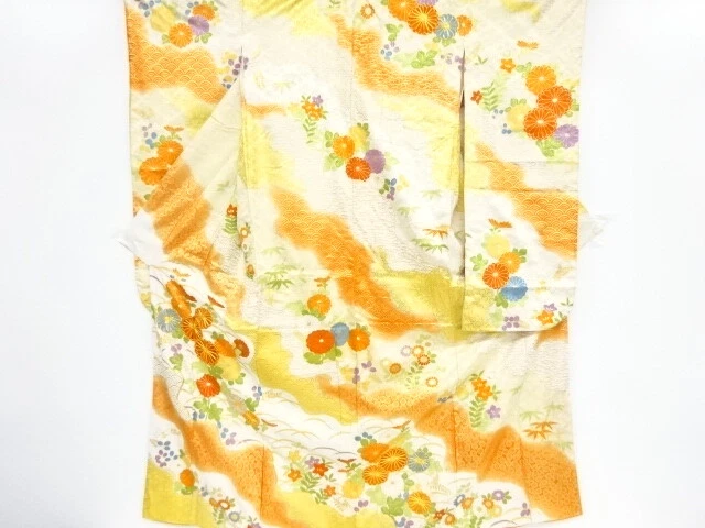 84583# Japanese Kimono / Antique Furisode / Embroidery / Michinagadori & Flo