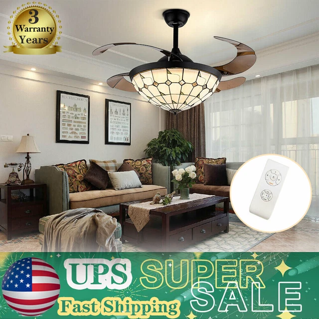 42'' Vintage Acrylic Ceiling Fan LED Light w/4 Retractable Blades 3 wind Speed