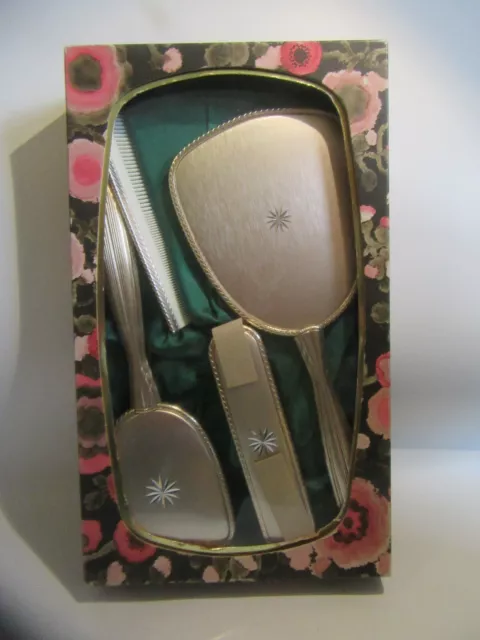 1960s Mascot Dressing Table Vanity Set x4 Pieces Boxed, Brushed Metal Backing .