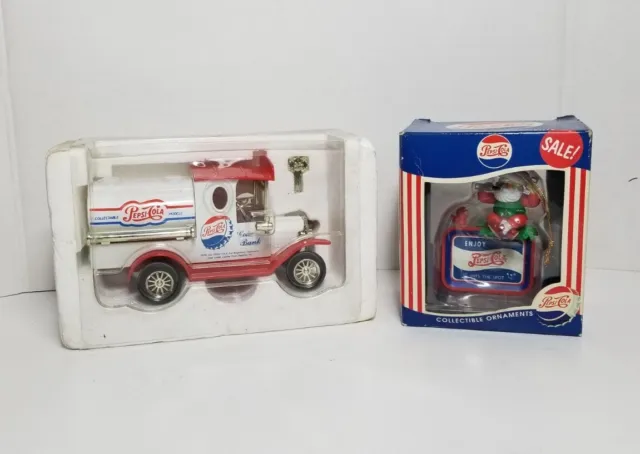 Pepsi-Cola 1912 Ford Model-T Delivery Car Coin Bank With Key + Santa Ornament.