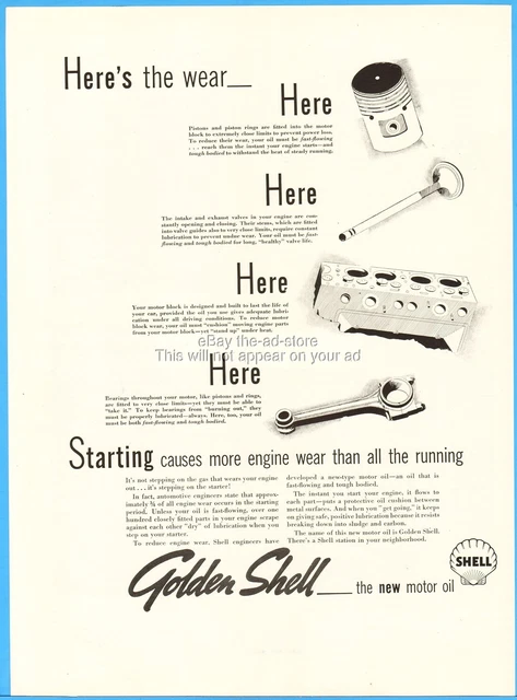 1937 Golden Shell Motor Oil Here's the Wear Engine Valves Motor Block Bearing Ad