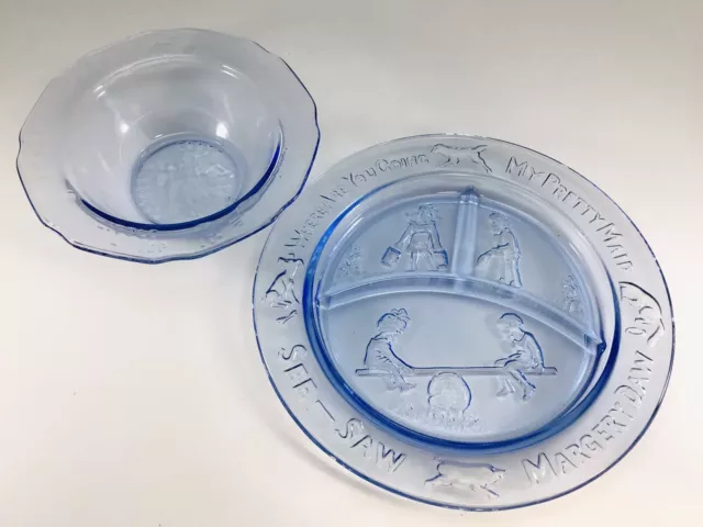 Tiara Glass Child Baby Divided Plate & Bowl Set Ice Blue Nursery Rhyme Vintage