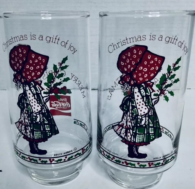 Holly Hobbie: 2 Vintage 1970's Limited Edition Coca Cola Christmas Glasses Clear