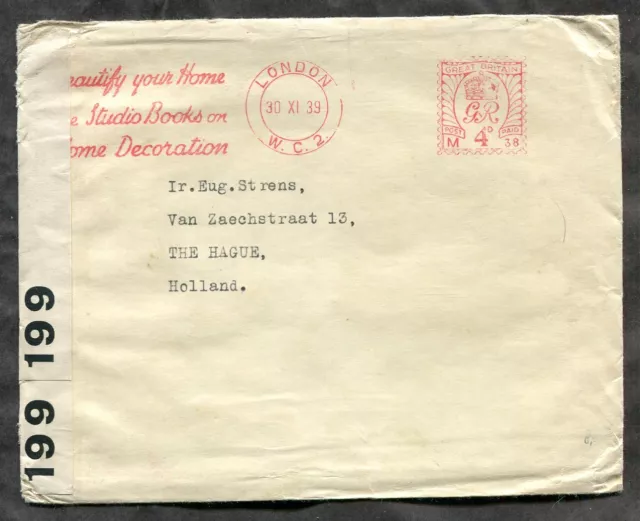 GB London 1939 Advertising Meter Cancel on CENSORED Cover to Netherlands