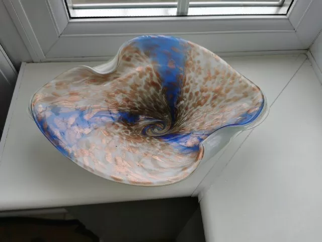 Vintage Murano Fratelli Toso  Blue Swirl Copper Aventurine Art Glass Bowl C1960