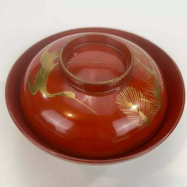 Antique Japanese Edo Era (c1850) Red Lacquer Makie Wooden Lidded Soup/Rice Bowl