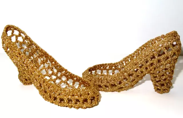 Doll Vintage Starched Crochet Golden Slippers 4.5"L x 1.25"W x 2.75"H