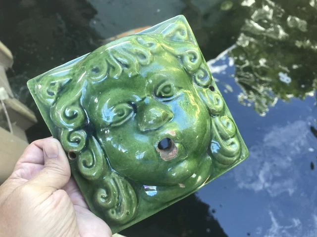 Antique 19th Century 1800’s Terracotta Green Glaze Spitting Cherub Fountain Tile