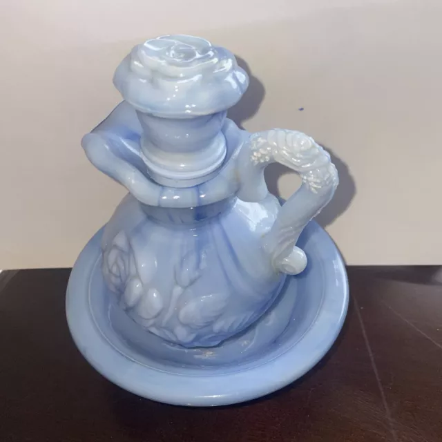 Vintage 1978 Avon Victorian Style Blue Rose Milk Glass Pitcher w/ Stopper & Bowl