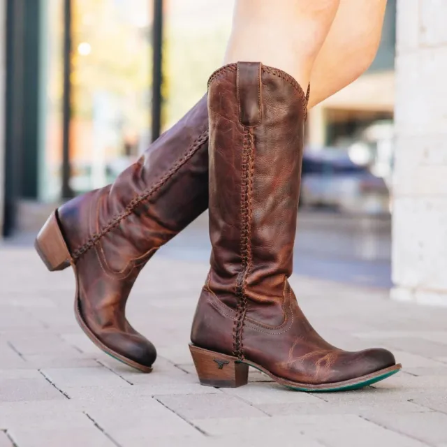 16" Lane Plain Jane Women’s Western Boots Cognac Brown Cowboy Round Toe Size 7.5