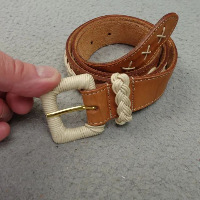Vintage MILOR Leather Belt Womens Sz M/L Braided Rope Trim & Buckle Tan Brown