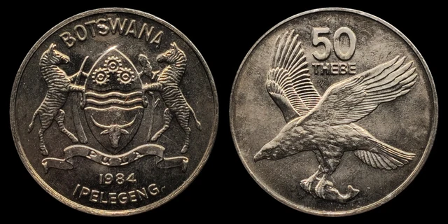 1984 Botswana 50 Thebe Coin, African Fish Eagle, National arms of Botswana