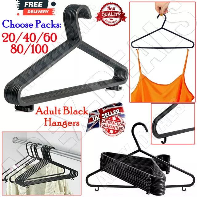 Black Adult Plastic Coat Hangers Clothes Trousers Hangers W/ Trouser Bar & Lips.