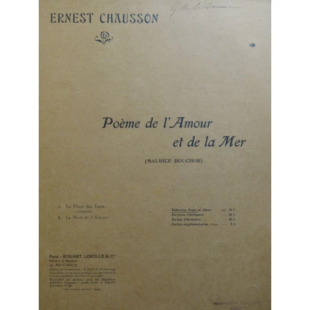 CHAUSSON Ernest Poème de l'Amour et de la Mer Chant Piano ca1911