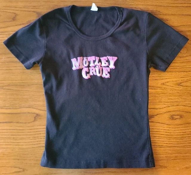 Vintage Motley Crue Black T-Shirt with Pink & White Lettering, Women's Large Vintage Motley Crue Black T-Shirt with Pink & White Lettering, Women's Large