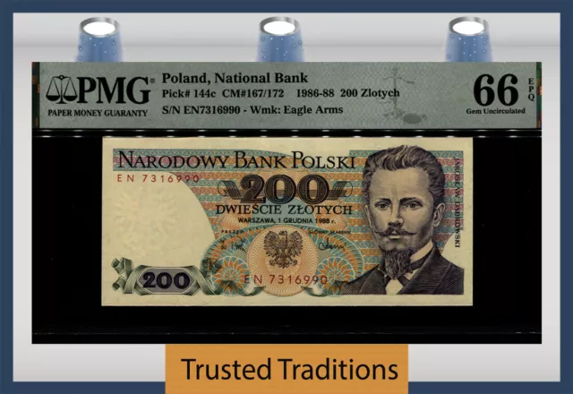 TT PK 144c 1986-88 POLAND NATIONAL BANK 200 ZLOTYCH PMG 66 EPQ GEM UNC