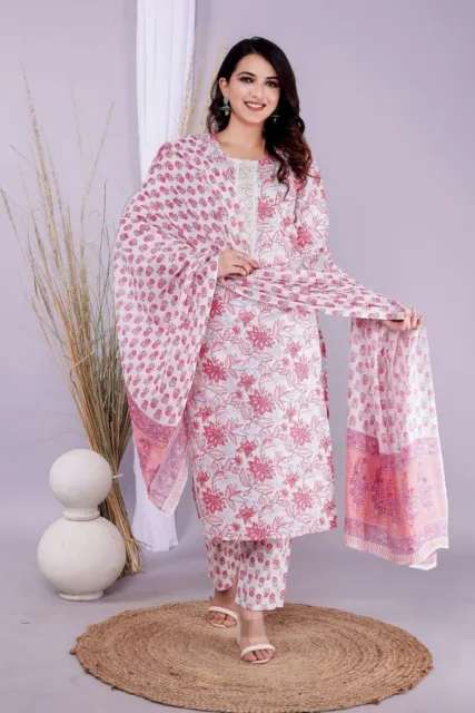 Indian Women Cotton Pink Embroidery Printed Straight Kurta and Pant With Dupatta