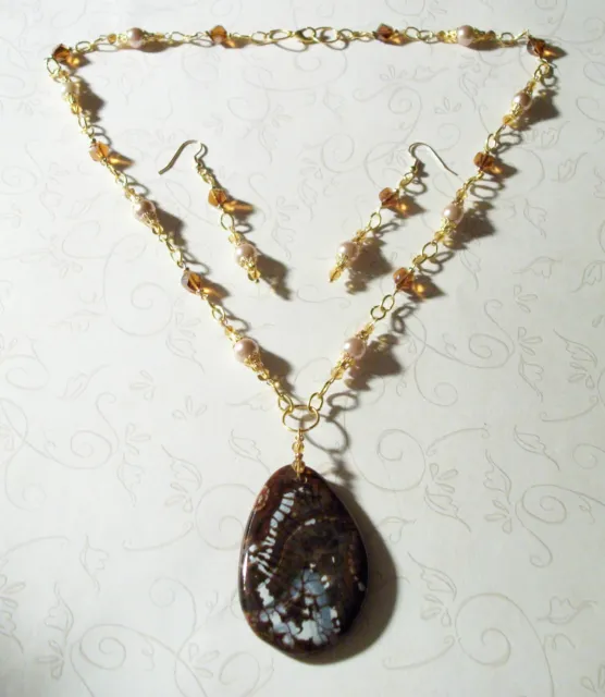 Hand Made Glass Pearl/Crystal Necklace W/Dragon Vein Jasper  Pendant & Earrings