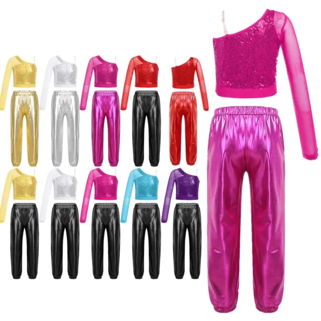 Kids Girl's Crop Top With Pants Sheer Dance Outfit Mesh Tracksuit Shiny Jazz