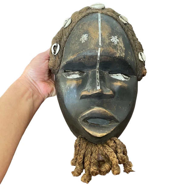 AFRICAN TRIBAL DAN Mask Wood Jute Rope Art Decor Puca Shells Vtg Carved