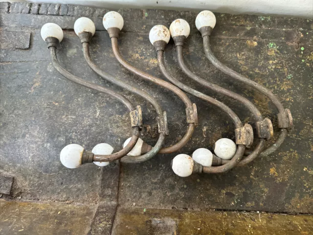 Set of Six Antique Coat & Hat Hooks with Porcelain Knobs c1890