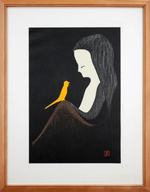 Kaoru Kawano Japanese Woodblock Print "Girl and Yellow bird" Stamped Framed