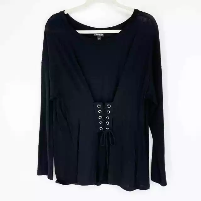 Express Long Sleeve Lace-Up Black Top Size Medium