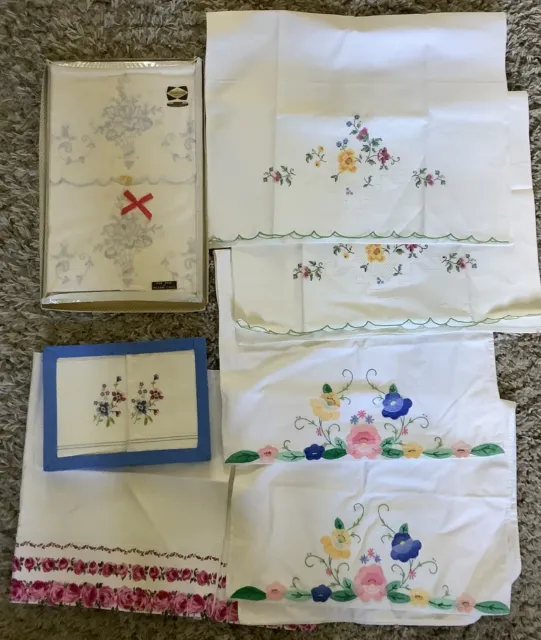 Vintage Bundle Of 5 Pairs Linen Cotton Pillow Cases Large Cases Hand Embroidered