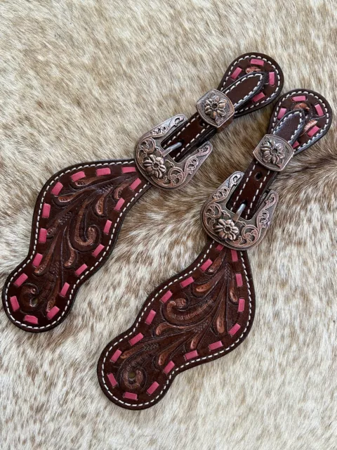 Ladies Floral Tooled Genuine Dark Brown Leather Western Pair Spur Straps