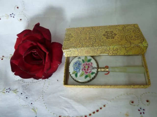 Vintage Hand Painted Floral Ceramic Mirror Jade Handle Serpentine Chinese Boxed