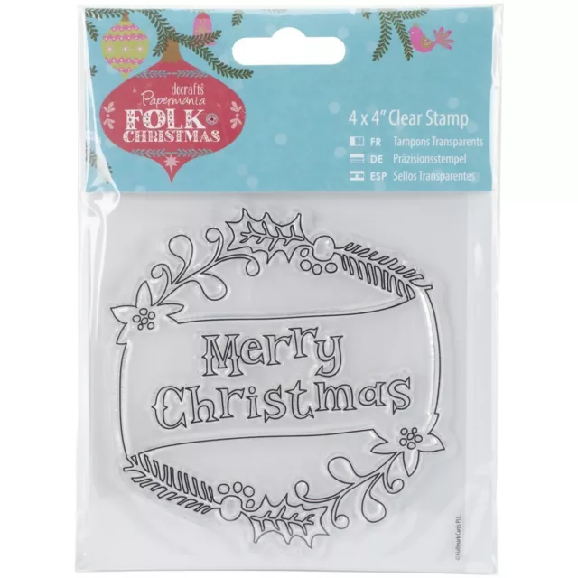 Papermania Folk clear rubber stamp wreath Merry Christmas with holly 4 x 4"