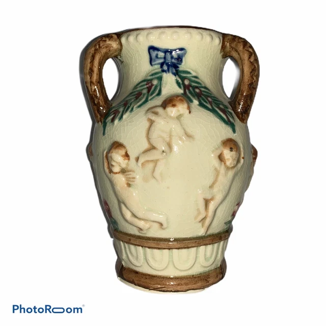 Vintage Majolica Hand Painted Small Vase/Urn With Cherub Design Made In Japan 3