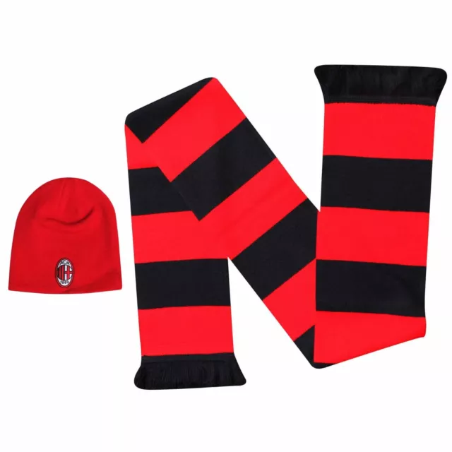 New Official AC Milan Beanie Hat & Scarf Gift Set AC Milan Reversible Beanie Hat