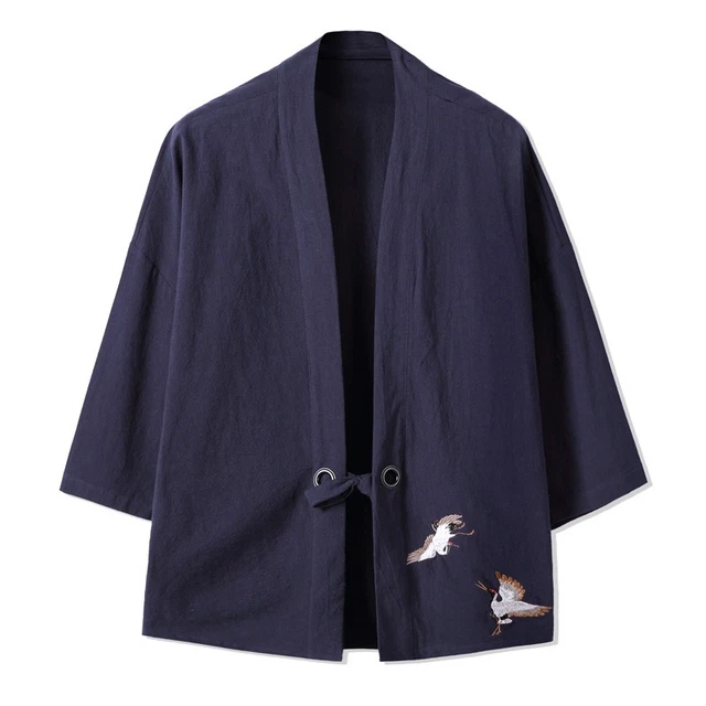 Kimono/Yukata Homme Ample Style Japonais - Imprimé Grues (Ukiyo-e) Sur Fond Noir - En Polyester, Lavage Main