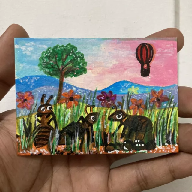 ACEO ORIGINAL PAINTING Mini Collectible Art Card Signed Nature Ants Ooak