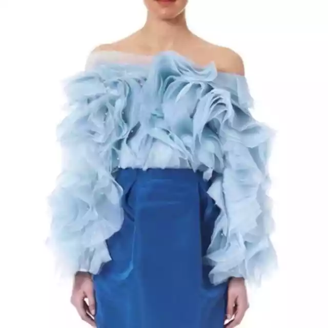 Carolina Herrera Blue Faux Pearl Embellished Long Sleeve Silk Chiffon Ruffle Top