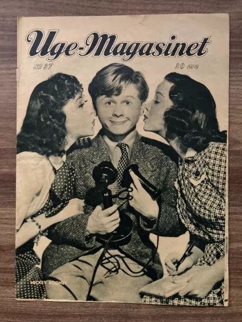 Mickey Rooney Front Cover 1940s Complete Antique Danish Magazine "Uge-Magasinet"