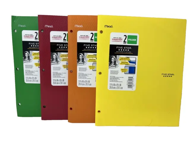 (10 Set) Mead Five Star 2 Pocket 3 Prong Plastic Folders 11.75"x9.5" Asst. Color