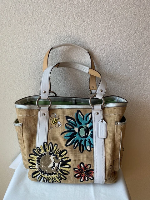 COACH Limited Ed Burlap Embroidered Bee Flower White Leather Satchel Bag 9447