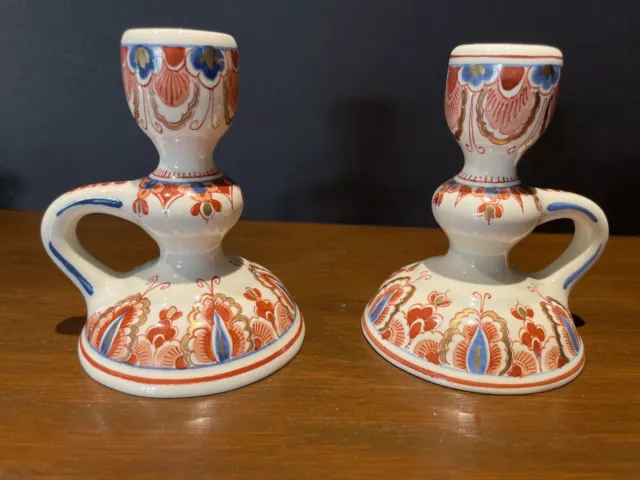 Royal Delft Candle Holders Sticks Imari Polychrome Pair Vintage 1970s As Is