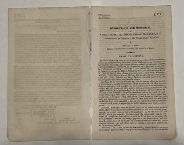 1834 Brooklyn Ny Resolutions Memorial Document "Incompetency Of Local Banks"