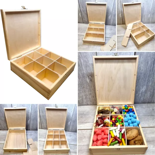 Wooden Tea Box with Lid 3 - 8 - 9 Sections Chest Jewelry Storage Gift Idea UK