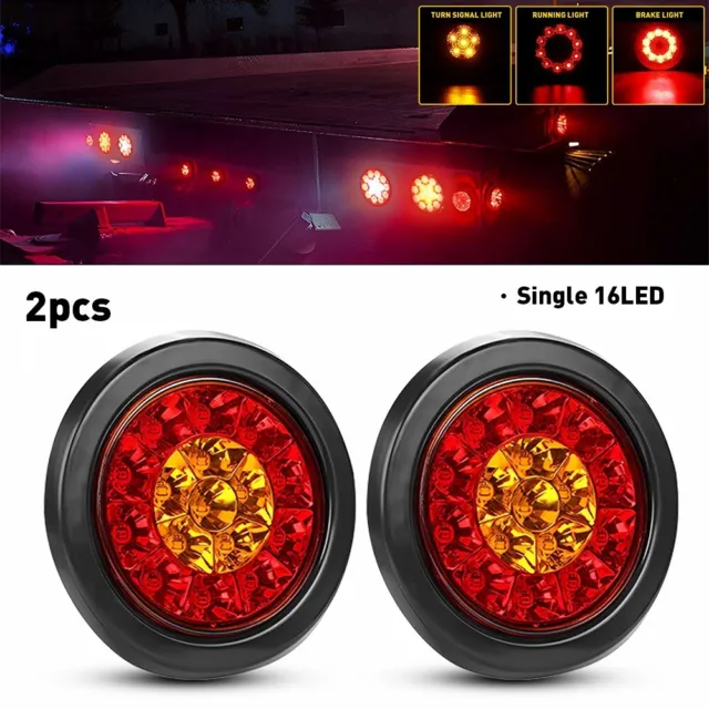 2X 4" Round Red/Amber 16-LED Truck Trailer Brake Stop Turn Signal Tail Lights