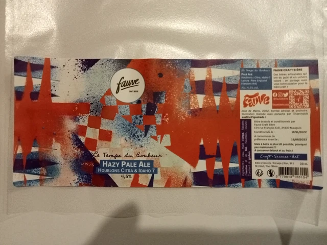 Etiquette de Bière : LE TEMPS du BONHEUR - Brass. FAUVE Craft - 34 France