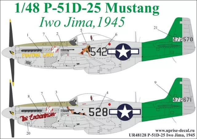 Décalcomanie 1:48 P-51D-25 Mustang Iwo Jima, 1945, avec pochoirs UpRise...