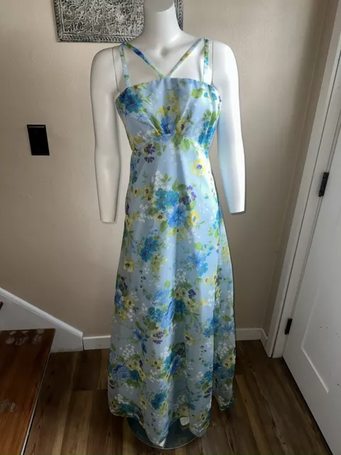 Vintage 60s 70s Blue Floral Maxi Prom Dress With Modesty Shawl